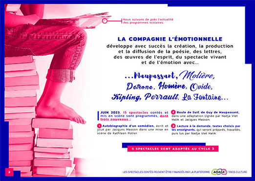 Compagnie de Théâtre l'ÉMOTIONNELLE 3 Graphiste et Exécution. Page 2 du programme 2023-2024 : les 15 spectacles proposés aux collèges et lycées par l’Émotionnelle.