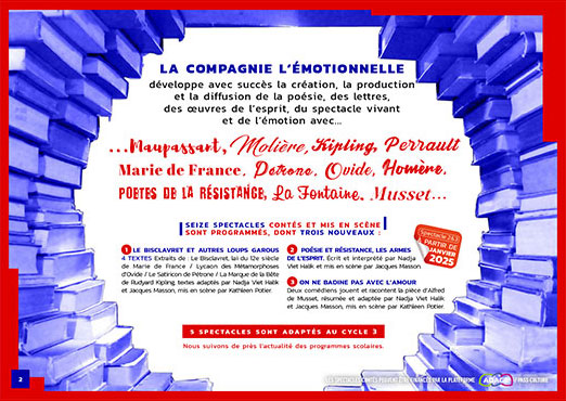 Compagnie de Théâtre l'ÉMOTIONNELLE 5 Graphiste. Page 2 du programme 2024-2025 : les 16 spectacles proposés aux collèges et lycées par l’Émotionnelle.