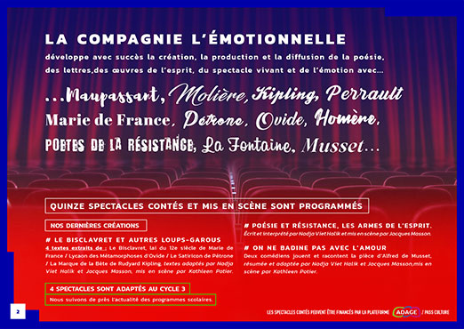 Compagnie de Théâtre l'ÉMOTIONNELLE 9 Graphiste. Présentation du programme 2025-2026 des 16 spectacles proposés aux collèges et lycées par la Compagnie l’Émotionnelle.