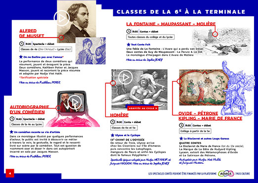 Compagnie de Théâtre l'ÉMOTIONNELLE 11 Graphisme de la Page 4 du programme présentant Musset, La Fontaine, Homère, Kipling... des spectacles joués en collèges et lycées.