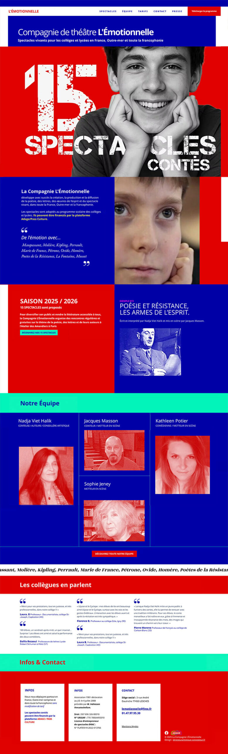 Compagnie de Théâtre l'ÉMOTIONNELLE 14 Conception, designer UI et CMS pour le Site internet de la compagnie l’Émotionnelle et ses spectacles pour les collèges et lycées