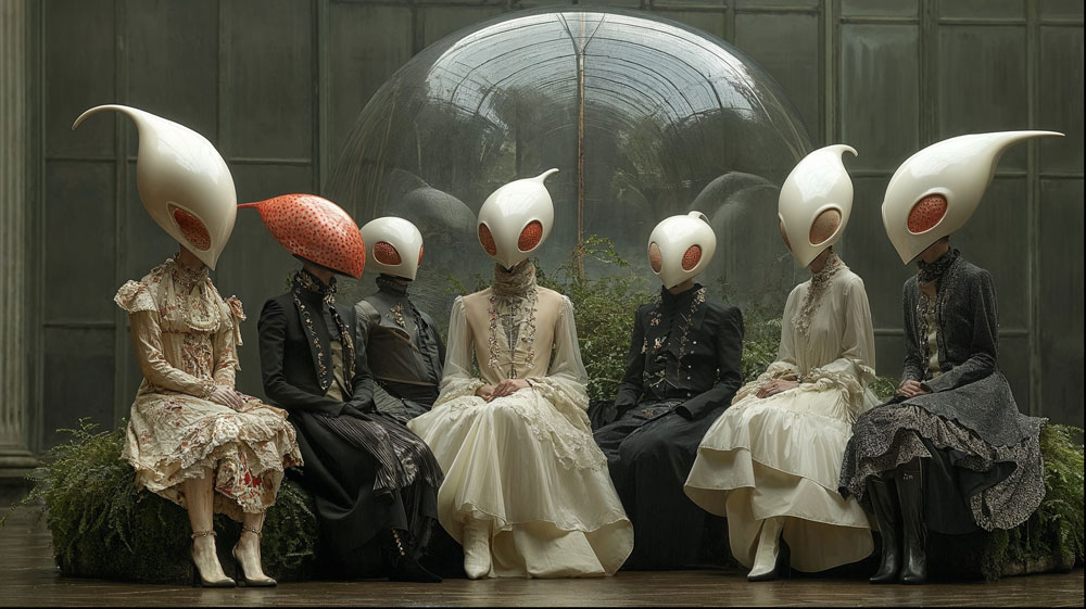 Ambiance post-futuriste avec 7 personnes qui ont une tête de martien