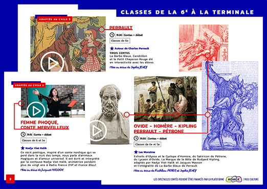 Graphiste et exécution. Page 3 du programme présentant les nouveaux spectacles joués en collèges et lycées l’Émotionnelle.