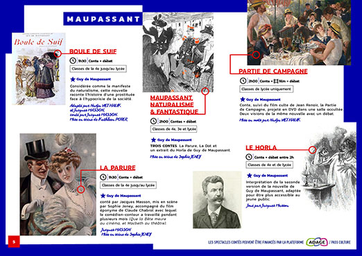 Graphisme de la Page 4 du programme présentant Musset, La Fontaine, Homère, Kipling... des spectacles joués en collèges et lycées.