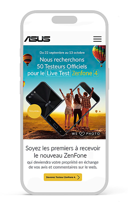 Home page pour le Site mobile pour le lancement de l'Asus Zenfon 4 avec un erecherche de 50 testeurs
