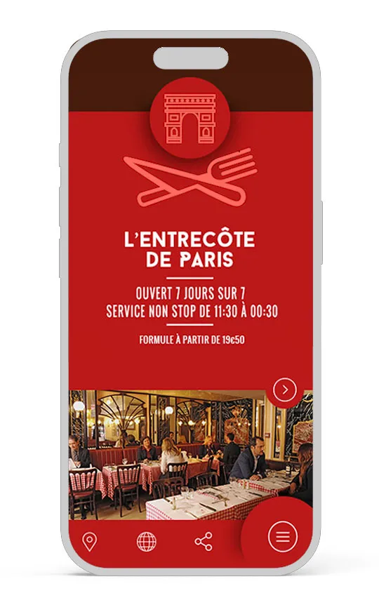 Site pour le restaurant, l'Entrecôte de Paris situé aux abords des champs Élysée