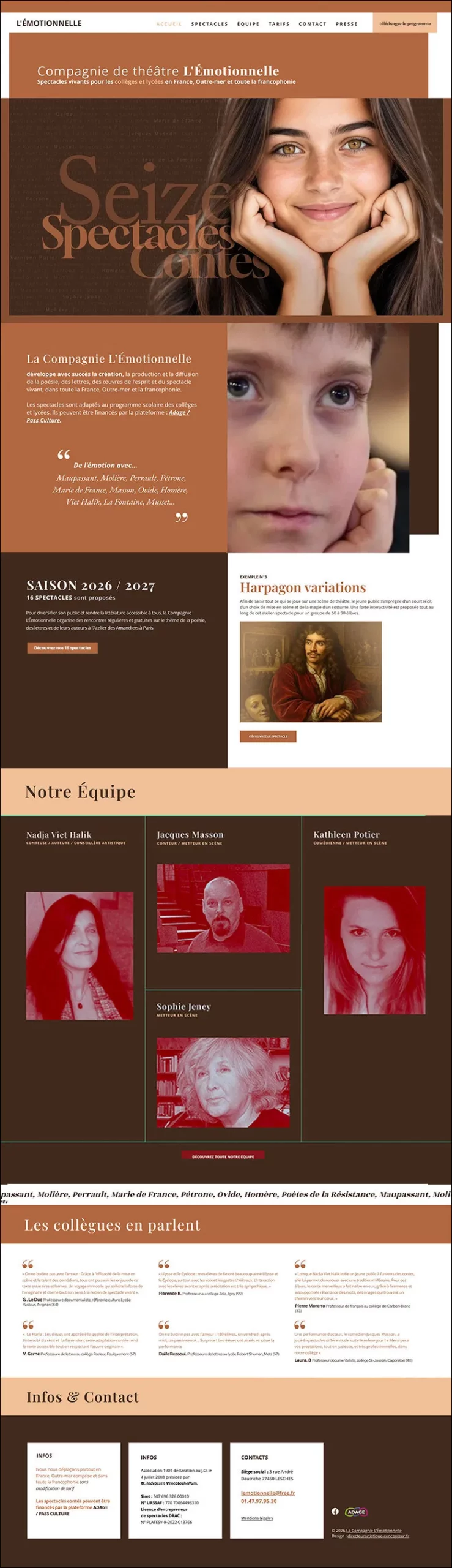 Site internet 2026 de la compagnie de Théâtre l’Émotionnelle. Présentation des 16 spectacles pour les collèges et lycées.